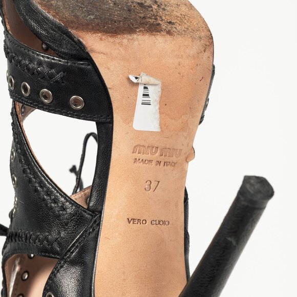 Miu Miu Black Leather Grommet Lace-Up Sandals - Picture 5 of 10
